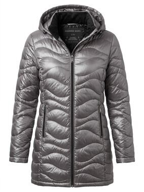 Andrew Marc Packable Lightweight Gray Hooded Puffer Jacket Women Size L